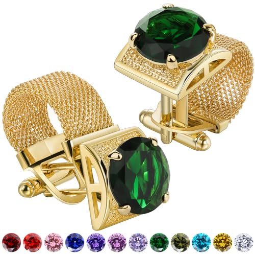 Birthstone Gold Tone Cufflinks for Men with Chain Shirt cuff links Wedding Business Birthday Christmas Gifts for Men