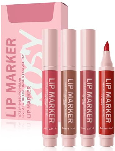 Lip Stain Marker Pen Set, 4 Pieces, Hydrating Matte Lip Liner Pen, Long Lasting Waterproof Colour Lip Tint Marker, Lipstick No Transfer, Natural Tattoo Effect and Extremely Long Hold, Lip Gloss Make