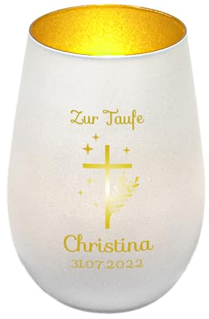 Windlicht mit Gravur zur Taufe | Weiß/Gold | Motiv Kreuz mit Sternen | Geschenk zur Taufe Junge Mädchen | Tischdeko und Taufgeschenk personalisiert | Kerzenhalter | Teelichtglas | Teelichthalter