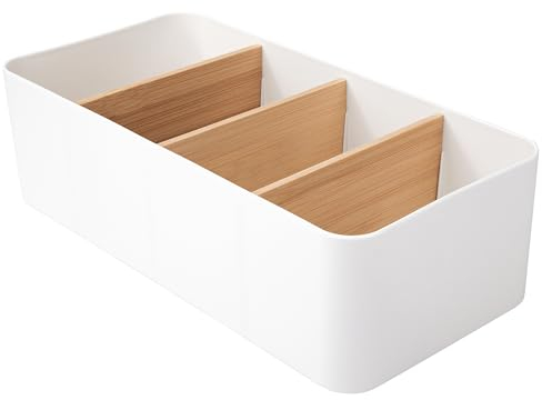 Niboken Organisateur de Table en Bambou 4 Compartiments, Boîte Rangement Bois Bureau Porte-Stylo pour Télécommande Smartphones Cosmétiques Crayons Petits Objets