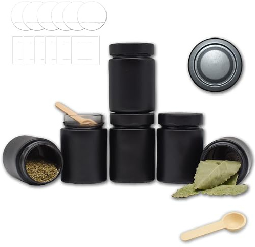 Gewürzgläser rund schwarz-matt Set - 190 ml - mit Gewürzlöffel - wasserfeste Etiketten rund und quadratisch - mit Schraubdeckel (12)