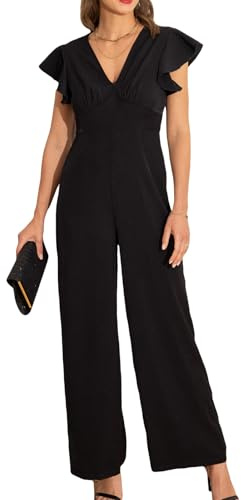 CUPSHE Women's Jumpsuits Casual Elegant V-Neck Ruffle Sleeve Long Wide Legs Vacation Jumpsuit Playsuit With Zipper Black M