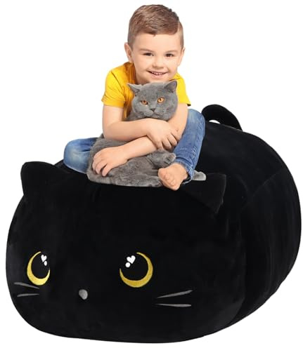 MissSoul Stuffed Animal Storage Bean Bag Chair Cover for Cute Black Cat Large Beanbag Bedroom Décor Organizer Cover, No Beans