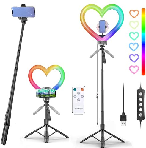 VeloZap Heart Ring Light, 12 RGB LED Heart Ring Light with Stand Heart Shaped Selfie Ring Light with Phone Holder for Live Stream/Makeup Compatible with All Phones