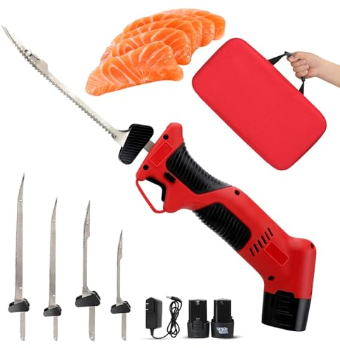 Rechargeable Electric Knife, Cordless Fillet Knife with 4 Ti-Nitride S.S. Coated Non-Stick Blades & 2 Batteries, Battery Powered Knife with Safe Lock & Non-Slip Grip Handle