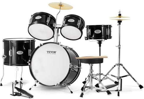 VEVOR Kids Drum Set, 5-Piece, 16 in Beginner Full Drum Set with Bass Toms Snare Floor Drum Adjustable Throne Cymbal Hi-Hat Pedal and Two Pairs of Drumsticks, Starter Drum Kit for Child Kids, Black