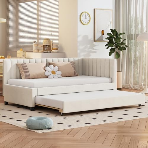 Ctastay Polsterbett Einzelbett Gästebett 90x200 cm, Kinderbett Schlafsofa Multifunktionsbett mit Ausziehbares Rollbett, Tagesbett Jugendbett Bett mit Lattenrost, Samt, Beige (Ohne Matratze)