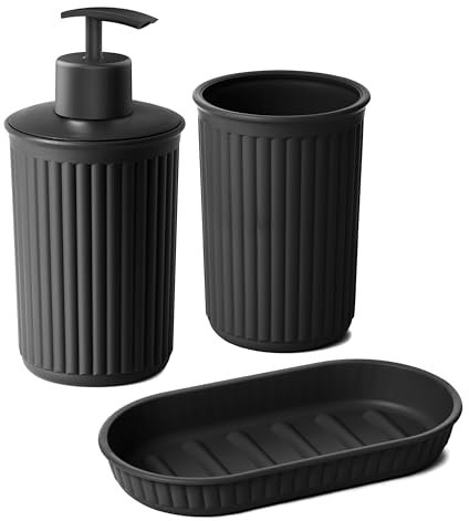 Tatay Set of 3 pieces Countertop Bathroom Set (Tumbler + Dispenser + Soap Dish) Baobab, Plastic, BPA Free, Black