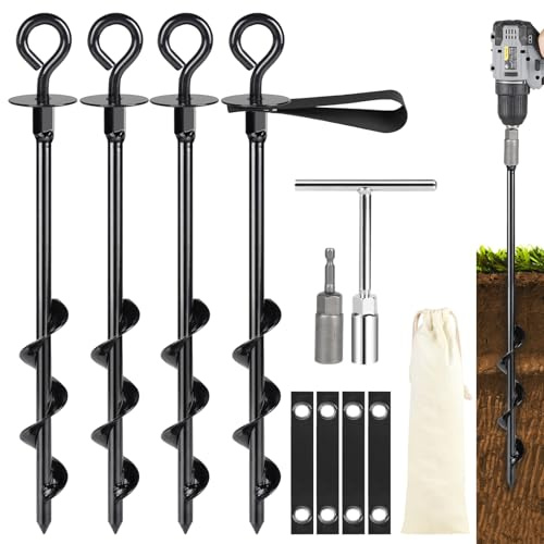 SWAWIS 4 Pezzi Picchetti Giardino Ancoraggio a Terra con Adattatore per Trapano, Chiave, Borsa per Tende, Trampolino, Tettoie