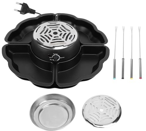 Set di Pentole per Fonduta Elettrica, Pentola per Fonduta di Cioccolato con 4 Forchette per Arrostire ＆ 4 Vassoi Portata Rimovibili, Girarrosto Elettrico, Adatto per Serate