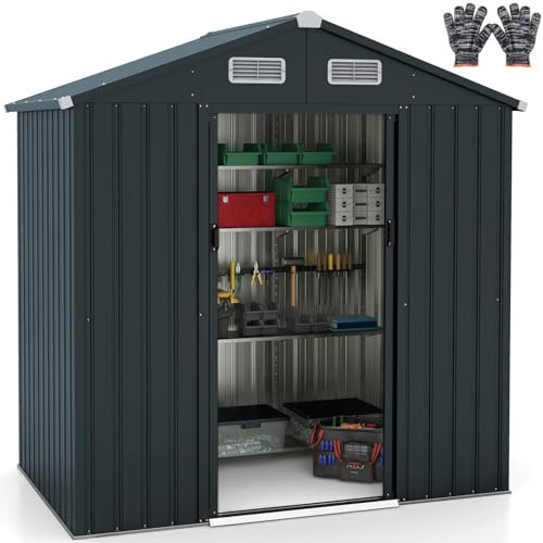 COSTWAY 6 x 4ft Metal Garden Shed, Galvanized Outdoor Storage Shed with Sliding Door, 4 Air Vents & Sloping Roof, All-Weather Tool Storage House for Patio Backyard Lawn, 193 x 129 x 197cm