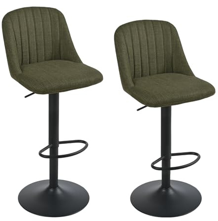 Goeurvant 360°Drehbar Barhocker 2er Set Höhenverstellbar mit Lehne,Polster Barstühle mit Fußstütze & Metallgestell,Leinen Drehsessel für Bar,Küche,Theke,Esszimmer,Wohnzimmer & Essbereich,Grasgrün
