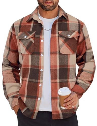 COOFANDY Flannel Shirts for Men Plaid Button Down Shirt Untuck Long Sleeve Shirt Jacket Orange