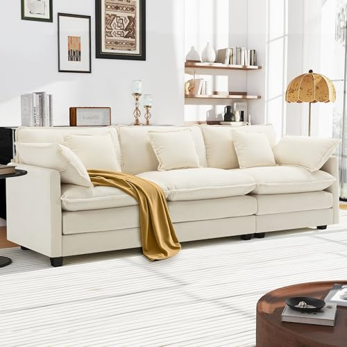 Urhanherry 3-Sitzer Cloud Sofa, Bequeme Doppelsitzkissen, Modernes Sofa mit Armlehnen/Dekokissen, Atmungsaktivem Chenille-Stoff, Couch für Wohnzimmer, Beige