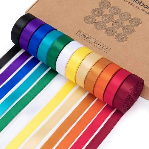 Keypan Geschenkband Regenbogen Satinband, Schleifenband, 9mm x 12 Rollen