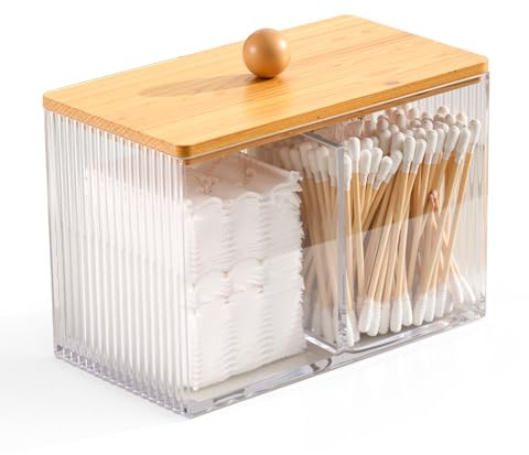 Byfoyif Boîte Coton Tige avec Couvercle Bois, Distributeur Coton Demaquillant Transparente, Rangement pour Produits Cosmétiques en Plastique, Boîte Rangement Maquillage, pour Salle de Bain Coiffeuse