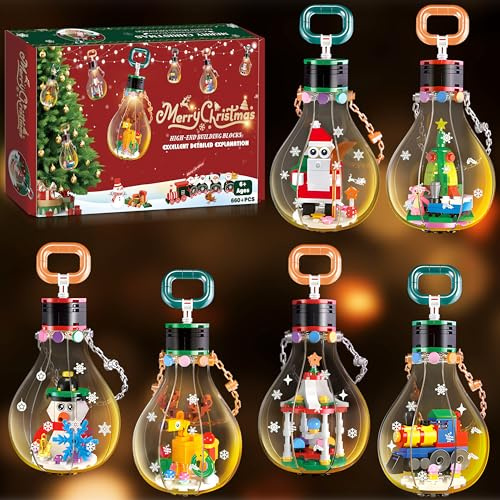 MOMOSTAR 6 Stück Weihnachten Bausteine mit Licht, Weihnachtsschmuck Bauspielzeug Hängende, Klemmbausteine Weihnachten, Weihnachtsdeko Weihnachtsbaum, Kreatives Geschenk für Kinder Erwachsene