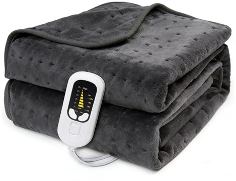Alltoneed - Soft Flannel Electric Blanket,Machine Washable 130x180cm Heated Throw Blanket with 12HR Timer and 6x Control Heat Settings