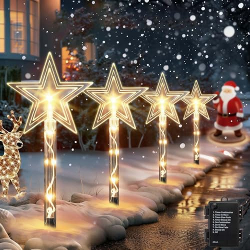 4Pcs Stern Lichterketten LED Außen,Weihnachtsbeleuchtung Außen Batterie,LED Gartenstecker Weihnachten,Weihnachtsdeko aussen Batterie,Weihnachtsstern Außen Wetterfest Stern Beleuchtet für Garten,Bäume