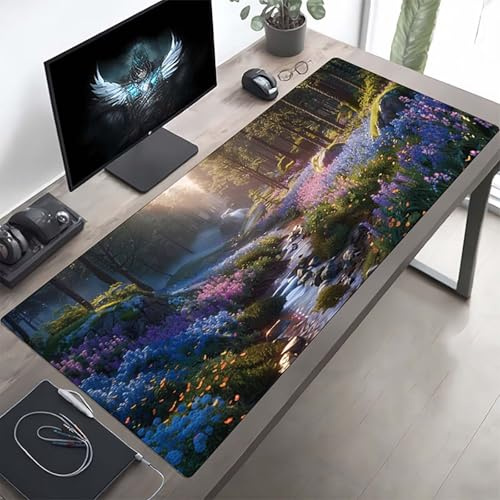 Gaming Mauspad 160 x 80cm Gaming Mousepad XXL Wald Grün Mauspad Schreibtischauflage, Genähte Kanten Mausmat, rutschfeste Gummibasis, Schreibtisch Schutz für Home Büro, Geschenke PjY8520 C-I