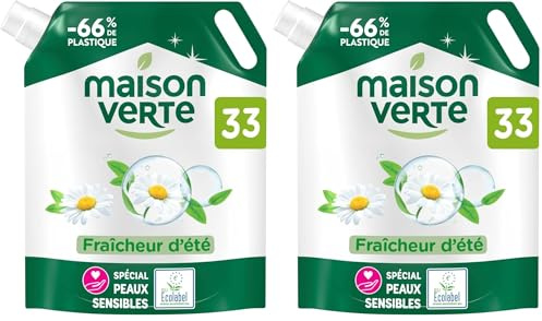 Maison Verte - Recharge Lessive Liquide - Parfum Fraîcheur d'Ete - Lessive Détachante - Peaux Sensibles - Efficace dès 20°C - 5 Enzymes Actives d'Origine Naturelle - Sans Conservateurs - 33 Lavages