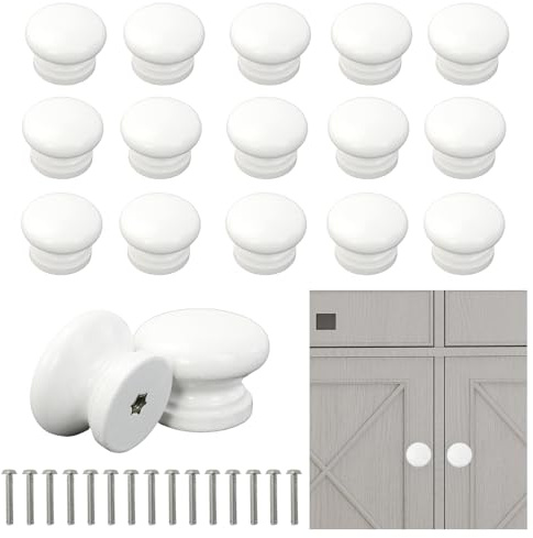 Jiayaus 15pcs Wooden Drawer Knobs, 33mm White Cabinet Knob with Screws | Round Mushroom Cupboard Door Knobs, Handles for Kitchen Wardrobe Dresser Drawer Closet Furniture