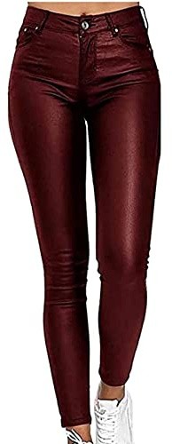 ASIYAN Pantalon en Cuir for Femme d'agneau Véritable Skinny Slim Fit, Legging en Simili Cuir Enduit Taille Haute Aspect, Legging Gainant Les Fesses Push Up(Red Wine,S)
