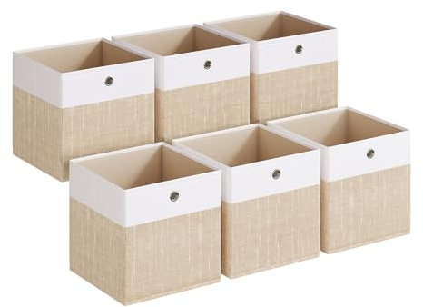 SONGMICS Storage Cubes, Set of 6 Foldable Fabric Storage Boxes, Cube Organizer Boxes with Handles, for Closet Shelves, Odorless, 13 x 13 x 13 Inches, Cloud White and Sand Beige URFB433LF02