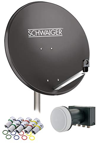 SCHWAIGER 517 Satellitenschüssel Komplettset 75cm Stahl SAT-Anlage Quad LNB digital 8X F-Stecker Masthalterung Sat Antenne Anthrazit inkl. Montagematerial