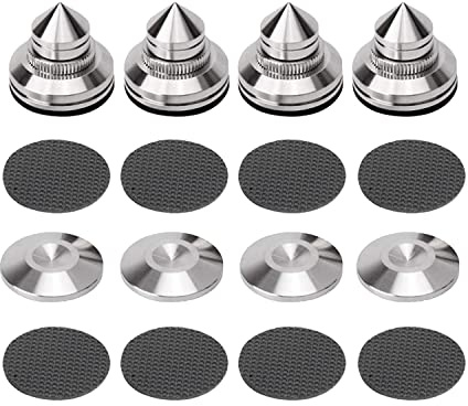 Lautsprecher-Isolations-Standfüße, Edelstahl, stoßfest, 28–32 mm, verstellbare Lautsprecher-Vibrationsdämpfer, Spike-Matten für Verstärker, Plattenspieler, DAC-Recorder, CD (27 x 29 x 5 mm), 4 Sets