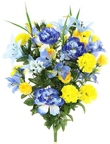 Admired by Nature 40 Stem Artificial Flowers Roses Lily Peony Mixed Bush Spring Faux Flower Arrangement - for Indoor Outdoor Wedding Home Decor, Cemeteries and Funerals, Events, Crafts - Blue/Yellow