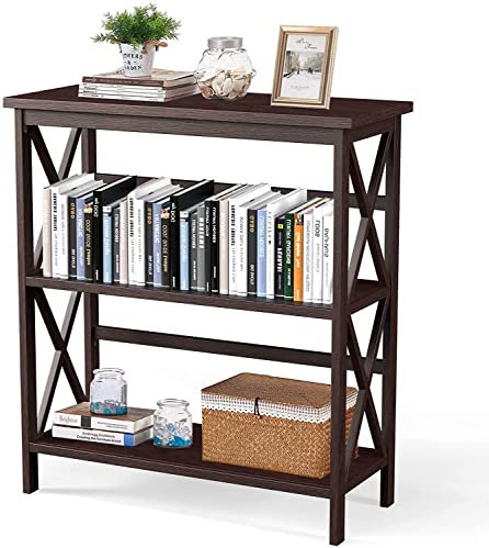 LDAILY LUARANE 3-Tier Bookshelf, Freestanding Bookcase with Open Storage Shelves, Storage Shelf with Double X-Shaped Wooden Frame, Multifunctional Etagere for Home Office (Espresso)