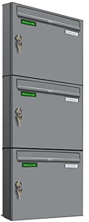 AL Briefkastensysteme Basic 3er Briefkasten RAL 9006 Weiß Aluminium Silber Edelstahl-farbig 3 Fach DIN A4 wetterfest Briefkastenanlage mit Posthaltebügel und 2 Namensschildern