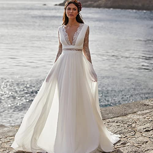 BIANJESUS Vestido de Novia con Cuello en V de Las Mujeres para la Novia Long Lace Sleeve Boho Boho Vestido de Novia para la Boda de la Iglesia de la Playa