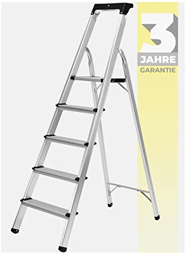 𝐂𝐑𝐀𝐅𝐓𝐅𝐔𝐋𝐋 Alu Stehleiter CF-133B | 𝟑 𝐉𝐀𝐇𝐑𝐄 𝐆𝐀𝐑𝐀𝐍𝐓𝐈𝐄 - Klappleiter mit Ablage - Haushaltsleiter - Aluleiter - 150 Kg - Leiter - Trittleiter klappbar - 3-6 Stufen (5 Stufen)