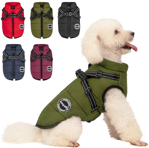 AIMYDOG Warm Dog Winter Coat, Fashion Sports Cold Weather Jacket with Built-in Harness, Reflective & Adjustable Comfortable Pet Vest, Windproof Apparel for Small Medium Large Dogs (Green)