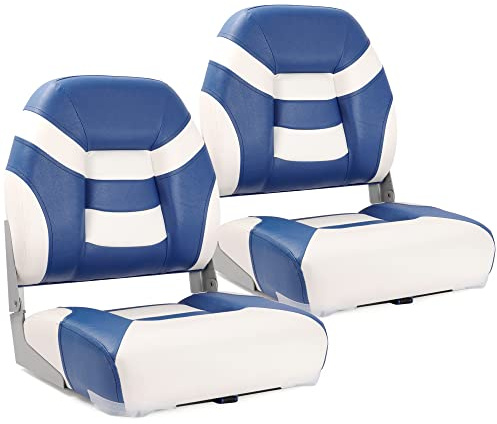 SUNDGORA Premium Marine Low Back Folding Boat Seats 2 Pack, Waterproof Fishing Boat Captain Chairs, 4 Mounting Screws Included,White/Pacific Blue