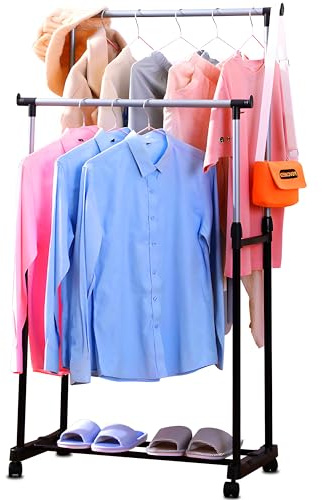 Retoo Kleiderständer, Doppel, Kleiderstange auf Rollen, mit ausziehbarer Garderobenständer, Unter Gestell für Mäntel, Röcke, Hemden, Pullover, Schwarz, Garderobenstange, Freistehender Kleiderbügel