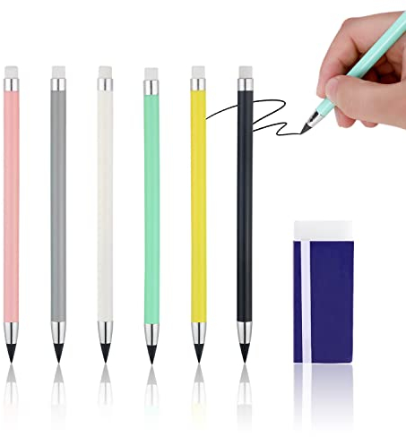 PFLYPF Ewige Stifte, 6er Set mit Radiergummi, wiederverwendbare Druckbleistifte, tintenfrei, unbegrenzt schreibbar, nicht leicht zu brechen, für Plakate signieren