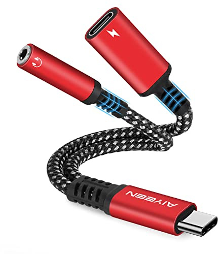 Adaptateur 2 en 1 USB C vers Casque et Chargeur 3,5 mm, Port de Charge Rapide USB C PD 3.0 vers Prise Audio auxiliaire et Charge Rapide 60 W Compatible avec Google, Samsung (Rouge)
