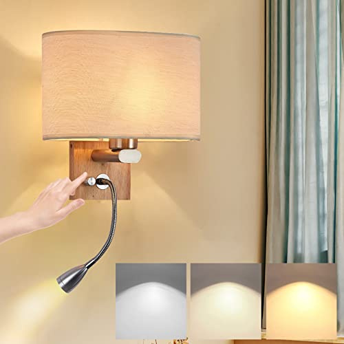 KZT Moderne LED Nachttisch Wandlampe mit Schalter 3 Farben Einstellbar Holz Wandleuchte Innen mit Leselampe E27 Stoffschirm Innenbeleuchtung für Schlafzimmer Wohnzimmer Kinder Hotel Büro Flurlampe