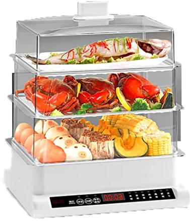 Vaporera eléctrica de 3 niveles, caja de vapor apilable eléctrica de 20 l con estante de vapor de acero inoxidable, vapor eficiente, 7 modos de cocción preestablecidos, vaporera de carne vegetal
