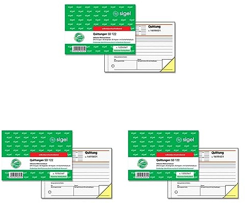 SIGEL SD122 Quittungsblock inkl. MwSt., A6, 2x50 Blatt, nummeriert, selbstdurchschreibend (Packung mit 3)