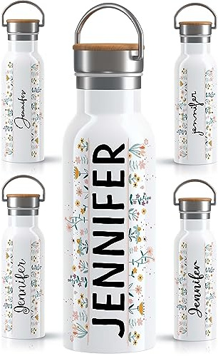 OWLBOOK® Edelstahl Trinkflasche personalisiert| Wasserflasche 600 ml | Thermos Flasche Sportflasche | Auslaufsicher Spülmaschinenfest | Yoga Sport | Geschenke für Frauen | Blumenwiese 1