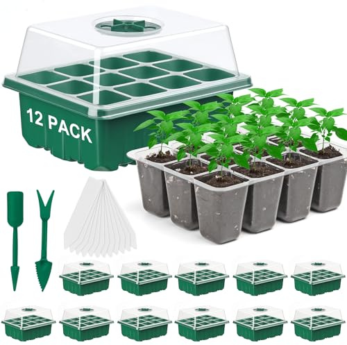 DJGINRO 12 Pack Seed Starter Tray Seed Starter Kit (144 Cells Total Tray) with Humidity Adjustable Dome, for Seeds Growing Starting Plant Germination Trays, Mini Green House Germination Trays.