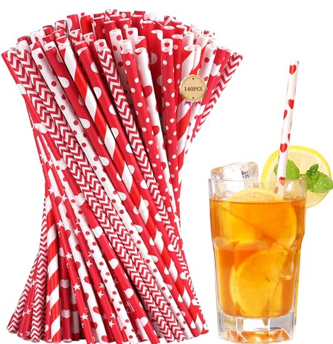 [140 pezzi] Cannucce di carta San Valentino, 7 diversi punti rossi e bianchi, onde, strisce, stelle, Cannucce cocktail per San Valentino, matrimonio, vacanze, feste (6x210mm)