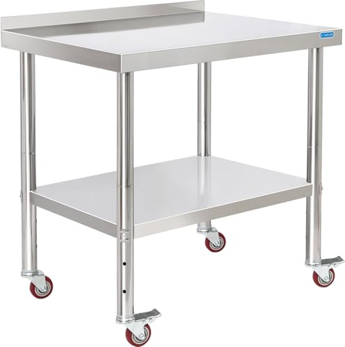 KUARBARR Stainless Steel Table for Prep & Work with 4 Caster Wheels with Backsplash 24 x 30 NSF Metal Commercial Kitchen Adjustable Under Shelf Worktable for Restaurant Home Outdoor