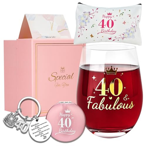 JOONYOEE Regalos de cumpleaños número 40 para mujeres, juego de copas de vino personalizadas sin tallo, ideas de recuerdo para niñas de 40 años, hermana, hija, damas, amigas, decoraciones de feliz