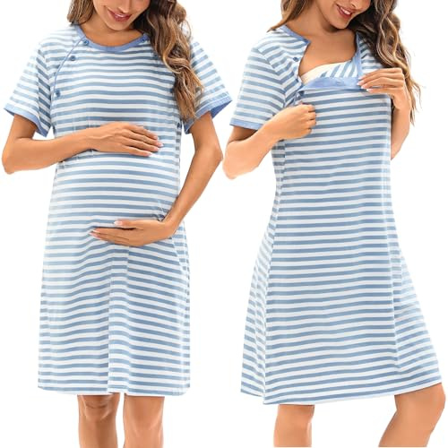 Sykooria Women's Maternity Nightdress Breastfeeding Nightwear Short Sleeve Nursing Nightgown Button Down Sleep Shirt V Neck Pajama Tops Soft Loungwear For Pregnant Women(Stripe Blue,XL)