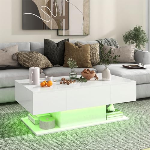 COSTWAY Couchtisch mit LED Beleuchtung, Hochglanz, 20 Farben | Helligkeit einstellbar, Wohnzimmertisch mit 2 Schubladen, Kaffeetisch für Wohnzimmer, inkl. Fernbedienung, 110x60x40 cm (Weiß)